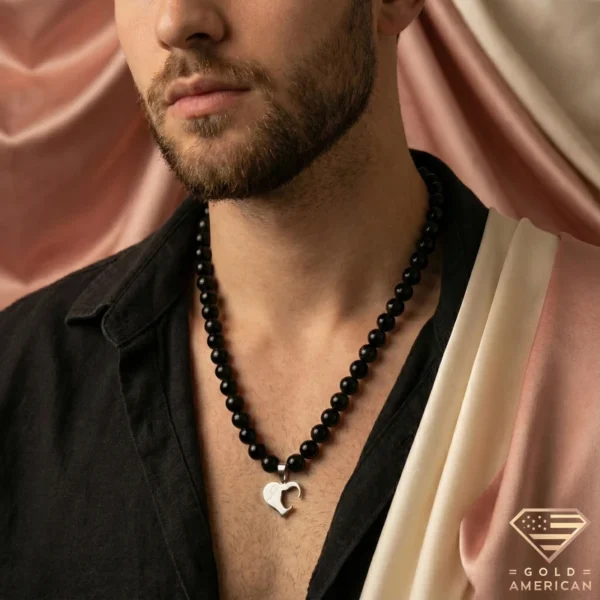 Matching Heart Initial Necklaces Male Model Close up