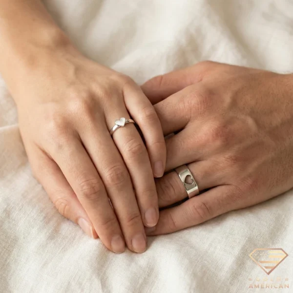 Matching Heart Wedding Rings on Hand, Linen