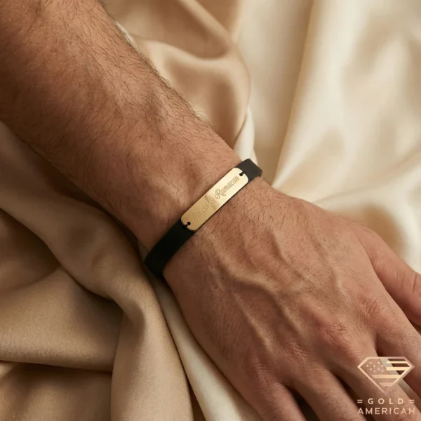 Personalized 14k Gold Leather Name Bracelet on Hand