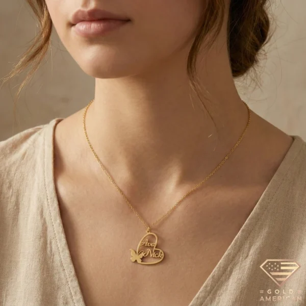 Personalized Butterfly Heart Necklace with Two Names Model Close up