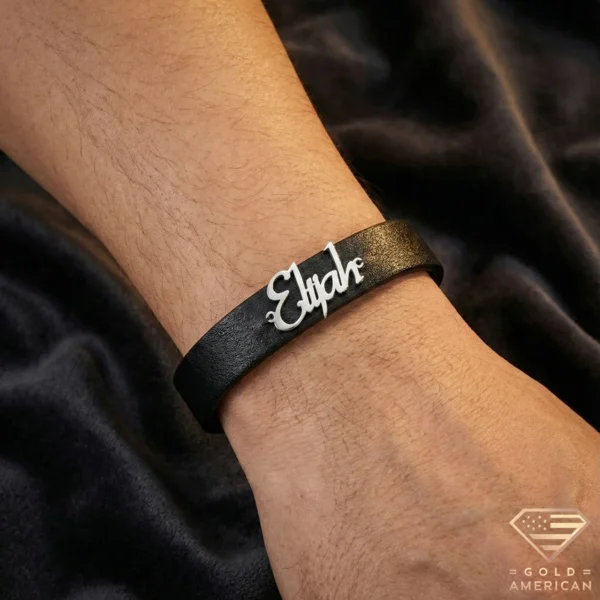 Personalized Script Name Leather Bracelet on Hand