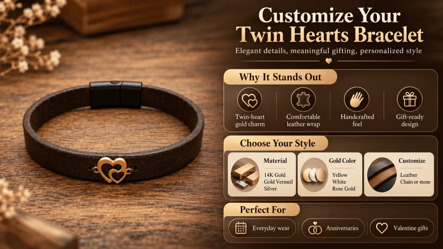 Customizable Twin Hearts leather bracelet