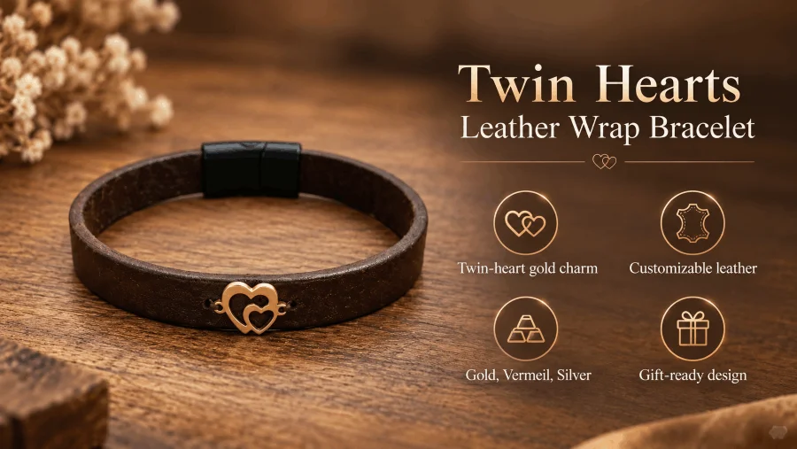 Twin Hearts leather wrap bracelet