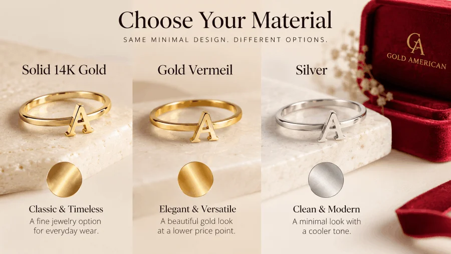 Custom initial ring in 14K gold, vermeil and silver