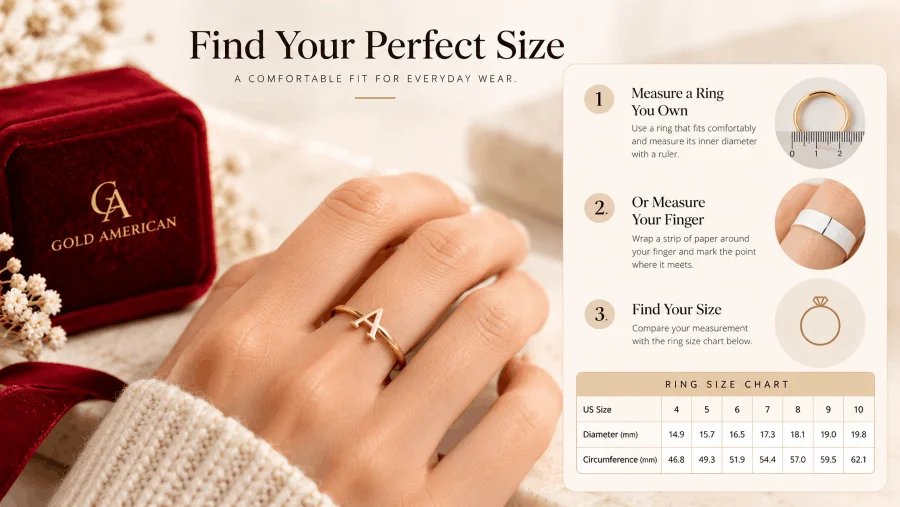 Custom initial ring size guide with finger measurement steps