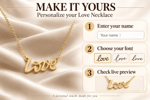 Gold Love Script Necklace with Custom Name Pendant