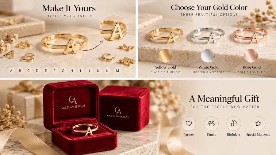 Personalized initial ring with gold color and gift options