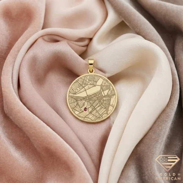 14k Gold Custom Map Pendant with Stone