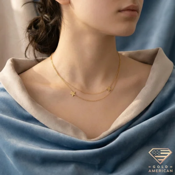 14K Gold Double Star Layered Necklace Model