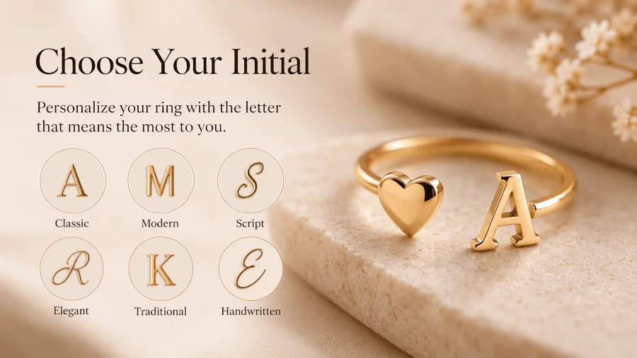Custom initial heart ring with different letter and font styles
