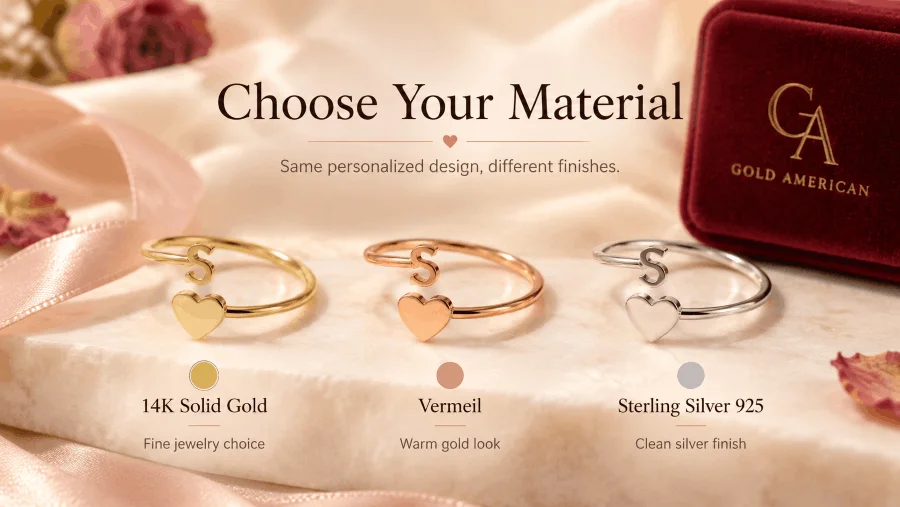 Initial heart wrap ring in 14K gold, vermeil and sterling silver
