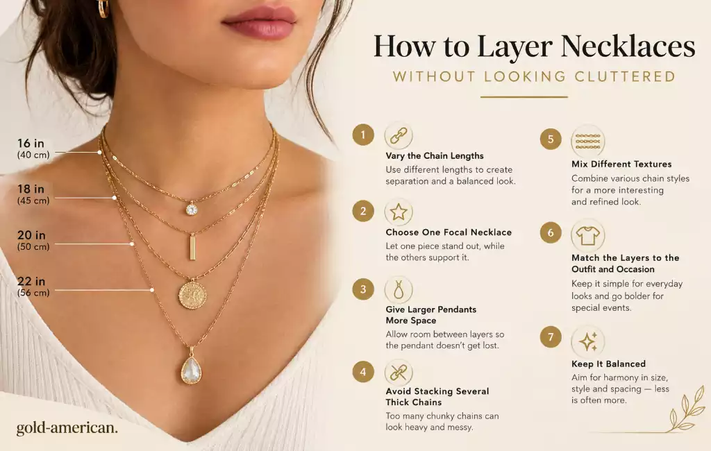 How to layer necklaces without looking cluttered using different chain lengths