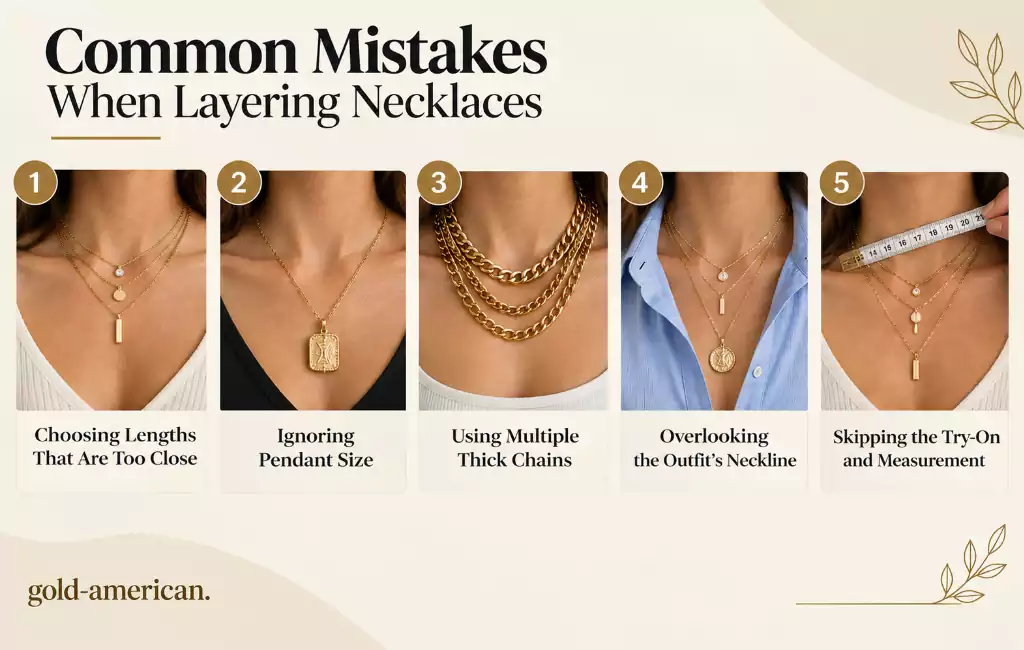 1. Common mistakes when layering necklaces, including poor spacing and pendant placement