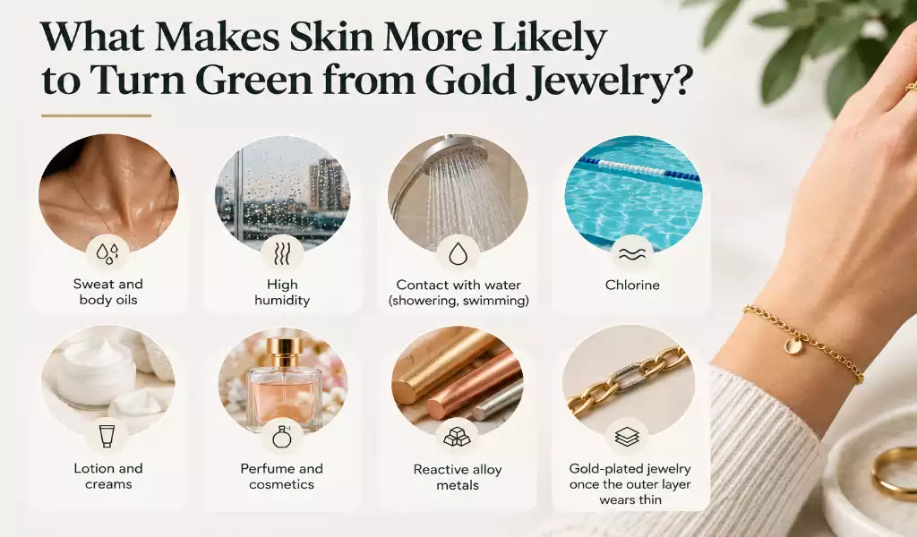 Does Gold Jewelry Turn Skin Green 2 Why gold jewelry may turn skin green due to metal alloys and skin reactions.