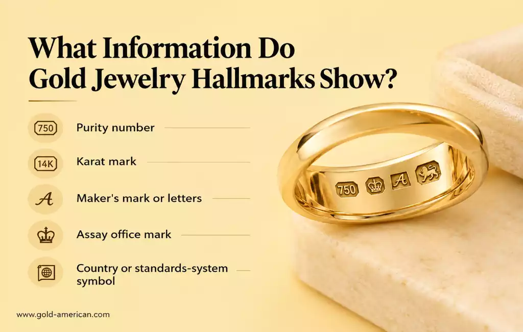 Types of gold jewelry hallmarks shown on a gold ring