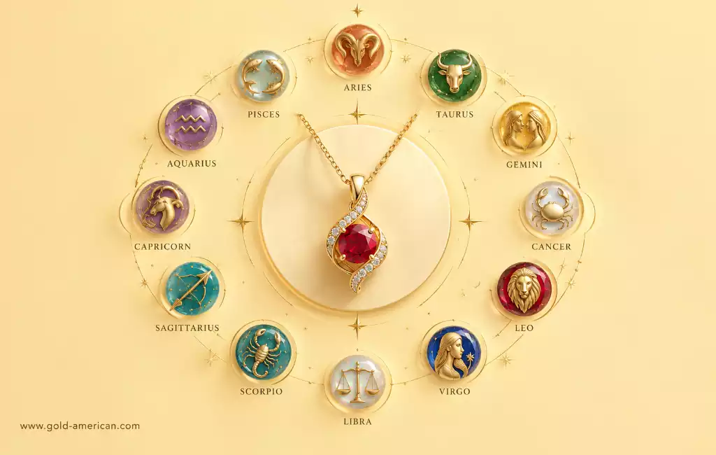 1. Zodiac jewelry guide with all 12 zodiac signs and a gemstone gold pendant