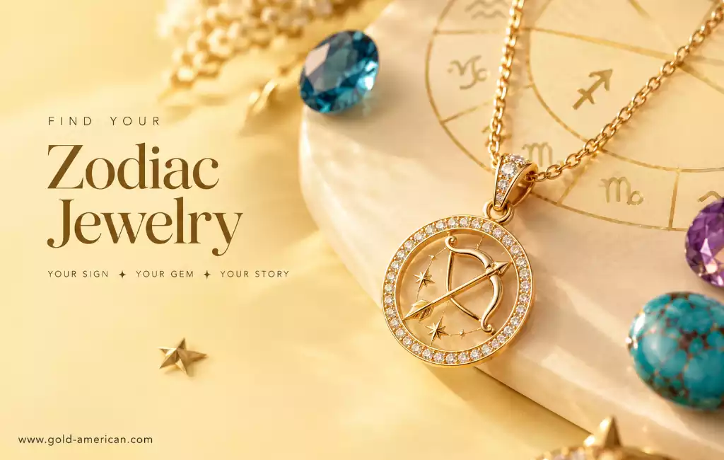 Zodiac jewelry featuring a gold Sagittarius pendant, gemstones, and zodiac symbols