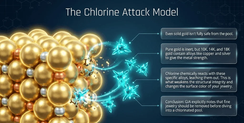 Chlorine damage effect on gold jewelry