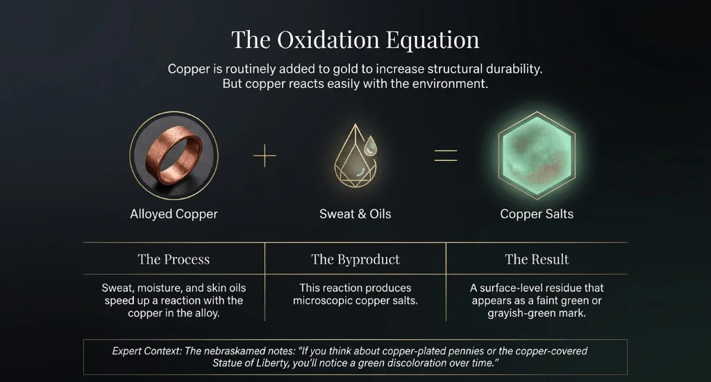 copper reaction gold jewelry green skin Copper alloy reaction causing green marks on skin
