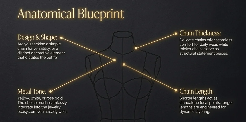 gold necklace design metal tone chain guide Gold necklace selection guide showing design, metal tone, chain thickness, and chain length considerations