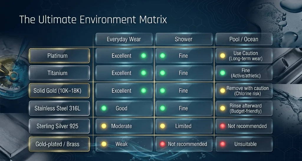 Jewelry materials water resistance comparison chart