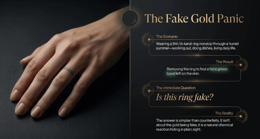 why gold jewelry turns skin green Gold ring causing green skin marks from metal reaction