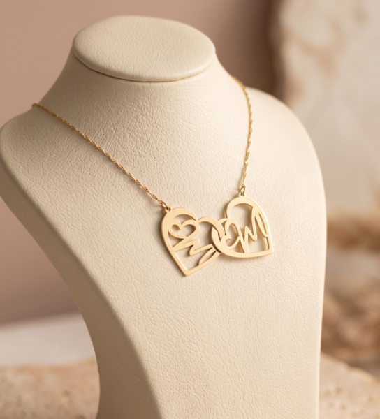 Double Heart Necklace – Custom 4-Initial Script Pendant