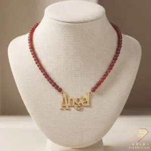 Angel Gold Nameplate Garnet Beaded Necklace