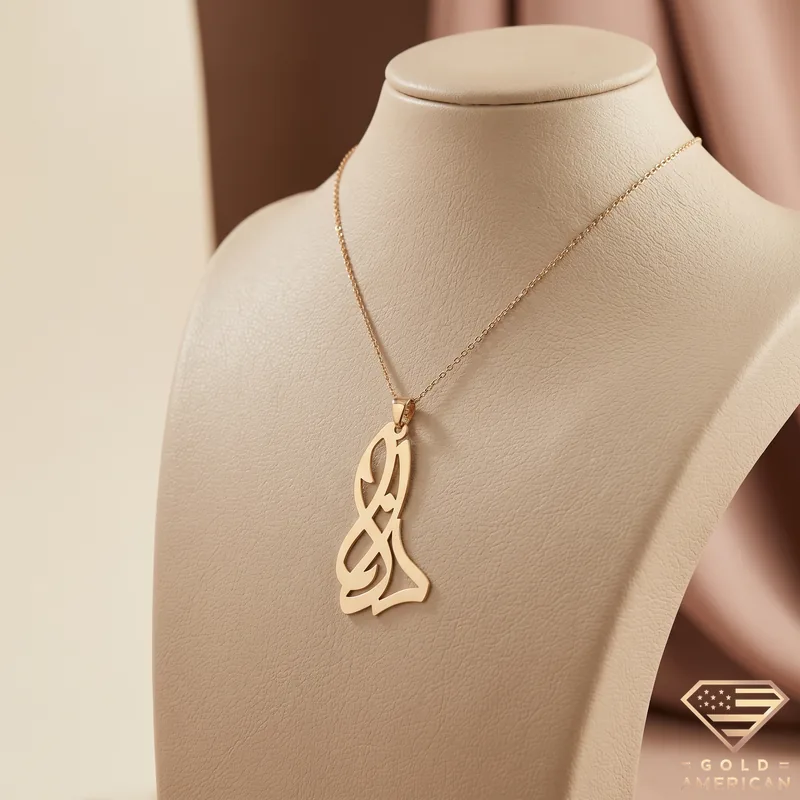Delana Vertical Calligraphy Name Necklace displayed on a jewelry bust