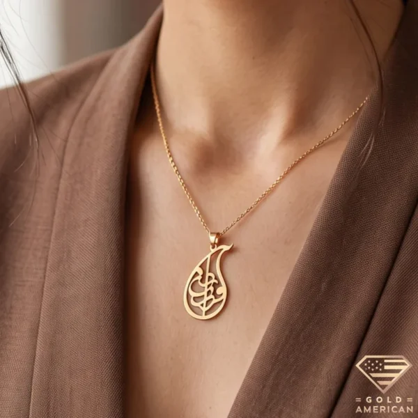 Farzaneh Persian Calligraphy Teardrop Necklace worn by a model