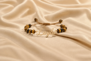 Layla Name Bracelet – Gold Script Nameplate with Tiger's Eye Beads
