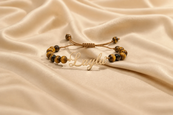 Layla Name Bracelet – Gold Script Nameplate with Tiger's Eye Beads