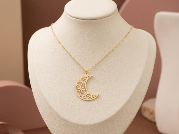 Floral Crescent Moon Necklace –