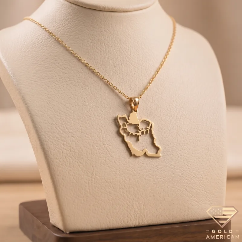 Iran Map Necklace with Delicate Leaf Branch Pendant Displayed on a Minimalist Jewelry Stand