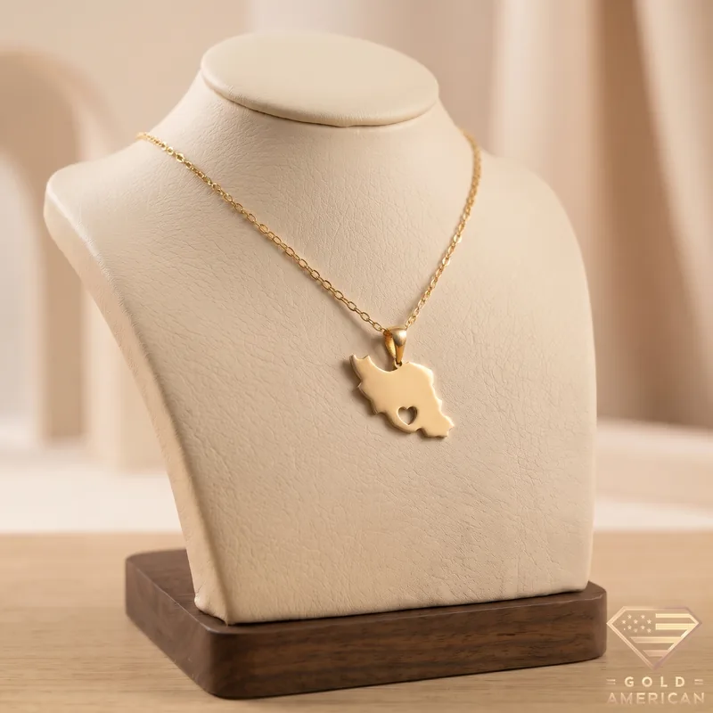 Iran Map Necklace with Tiny Heart Accent displayed on a jewelry bust