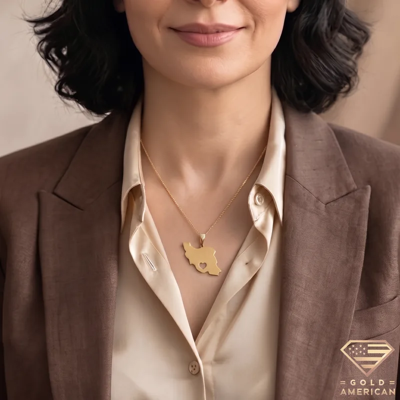 Iran Map Necklace with Tiny Heart Accent worn by a model