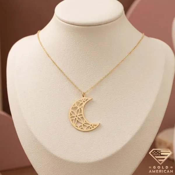 Lace Floral Crescent Moon Necklace displayed on a jewelry bust