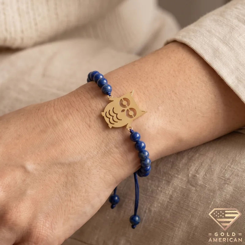 Minimalist Owl Bracelet with Lapis Lazuli on Models Wrist