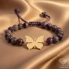 Natural Amethyst Beaded Bracelet with Gold Butterfly