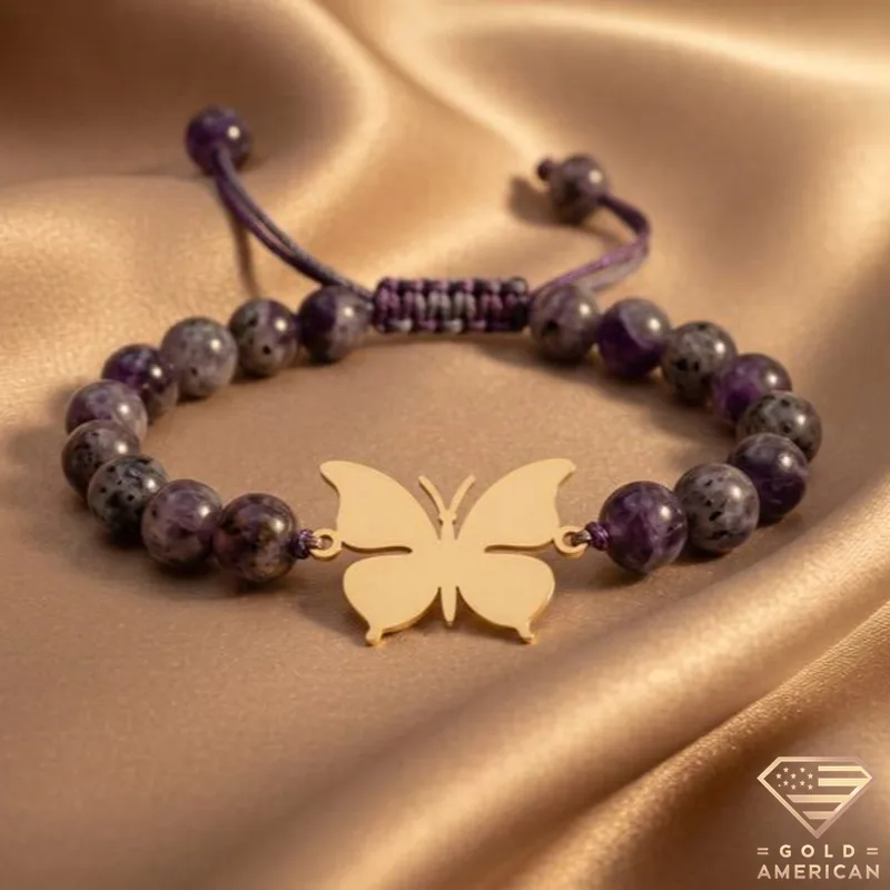 Natural Amethyst Beaded Bracelet with Gold Butterfly
