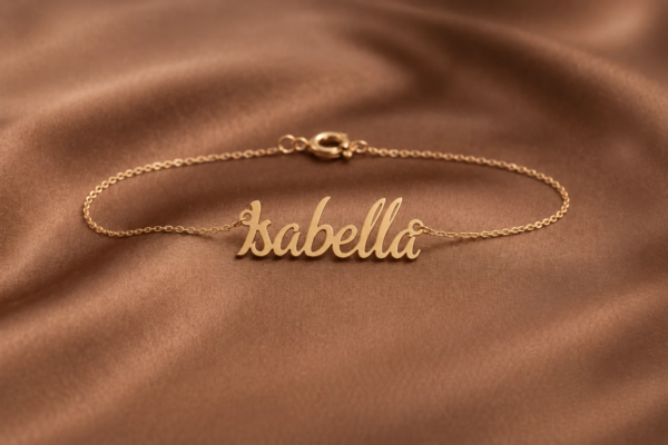 Isabella Name Bracelet – Gold Script Nameplate for Women