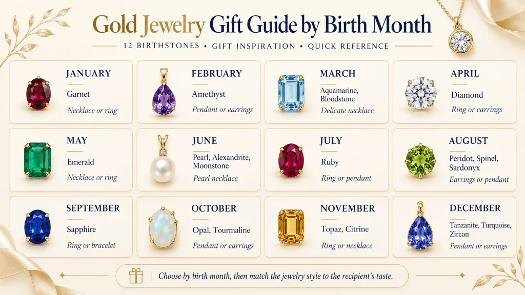 Gold Jewelry Gift Guide by Birth Month with 12 Birthstones