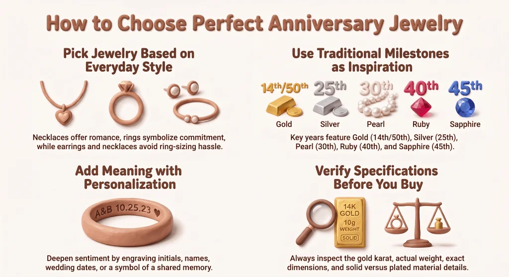 How to choose gold jewelry for an anniversary based on style, personalization, milestone year, and gold specifications