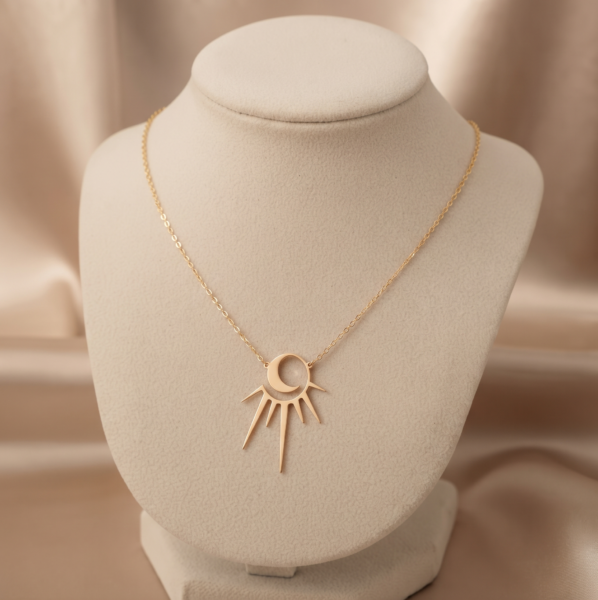 Sunburst and Crescent Moon Necklace – 14K Gold Dainty Celestial Pendant